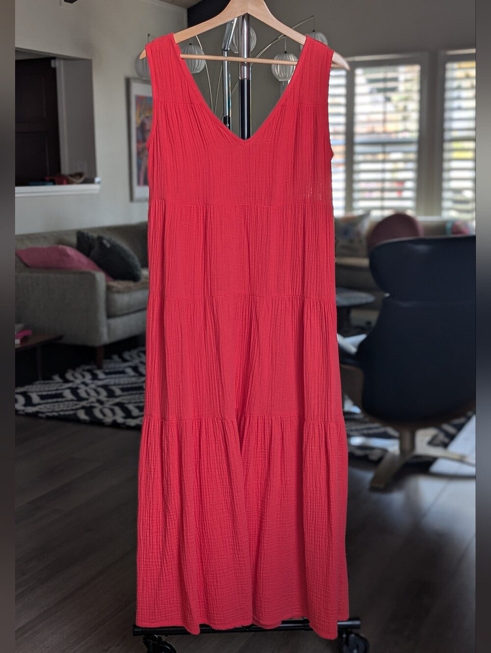Marine Layer Tomato Red Tiered 100% Gauzy Cotton V-Neck Midi Dress Size Small